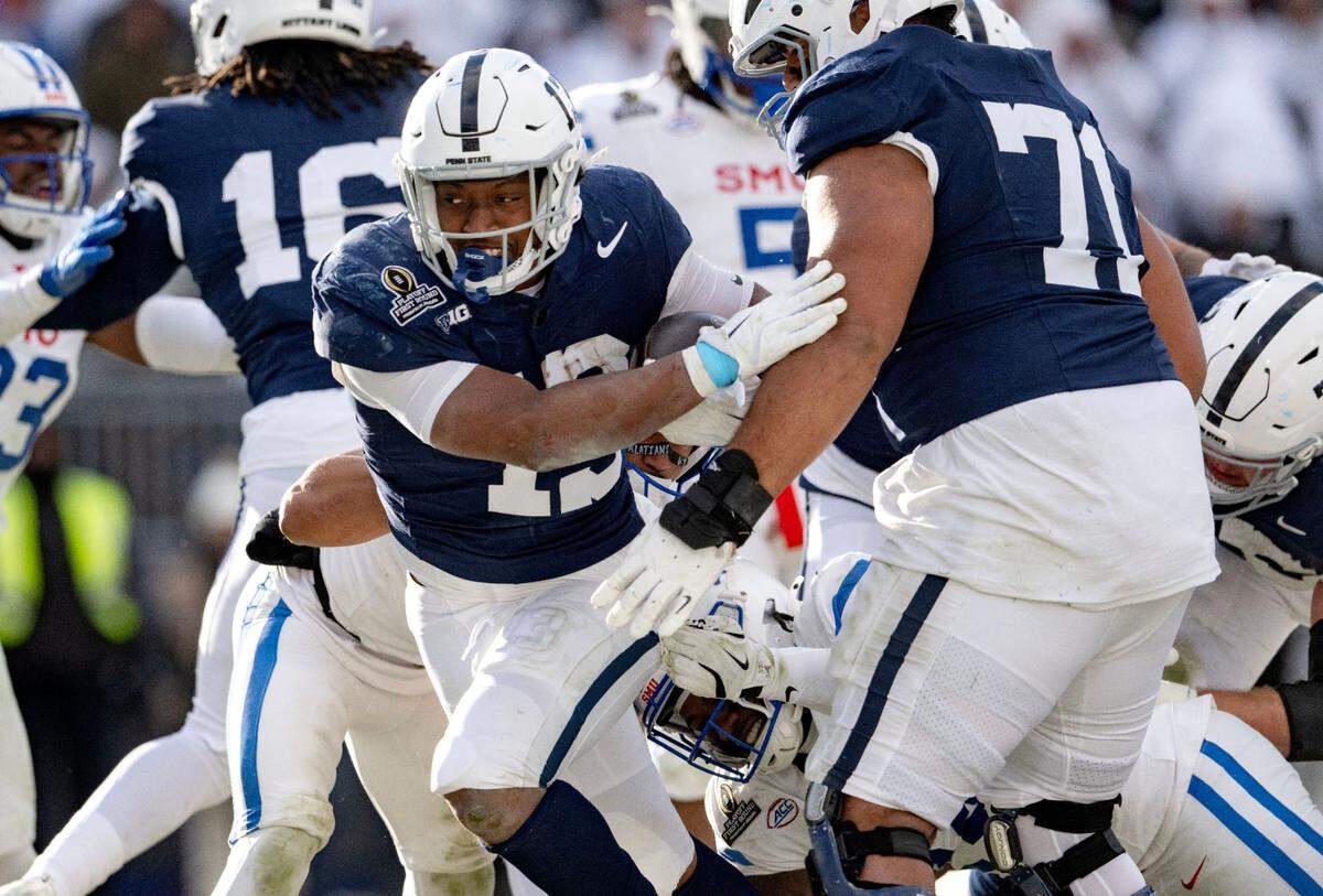 Penn State running back Kaytron Allen pushes into the end zone for a touchdown during the game against SMU on Saturday, Dec. 21, 2024 at Beaver Stadium.