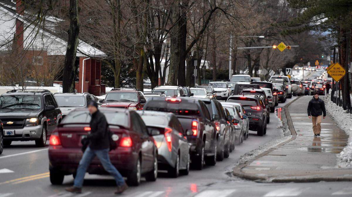 Cars sit bumper to bumper along Park Avenue right after the Penn State University Park campus closed on Jan. 24. Penn State Transportation Services is encouraging wrestling fans to arrive early to Friday’s 7 p.m. dual between the Nittany Lions and the Wolverines at the Bryce Jordan Center.