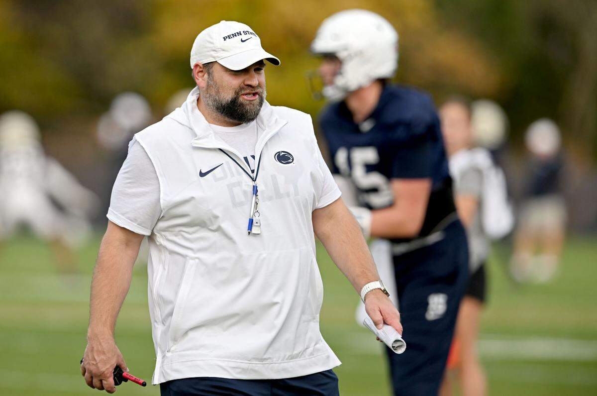 Penn State offensive coordinator Andy Kotelnicki directs players during practice on Wednesday, Oct. 30, 2024.