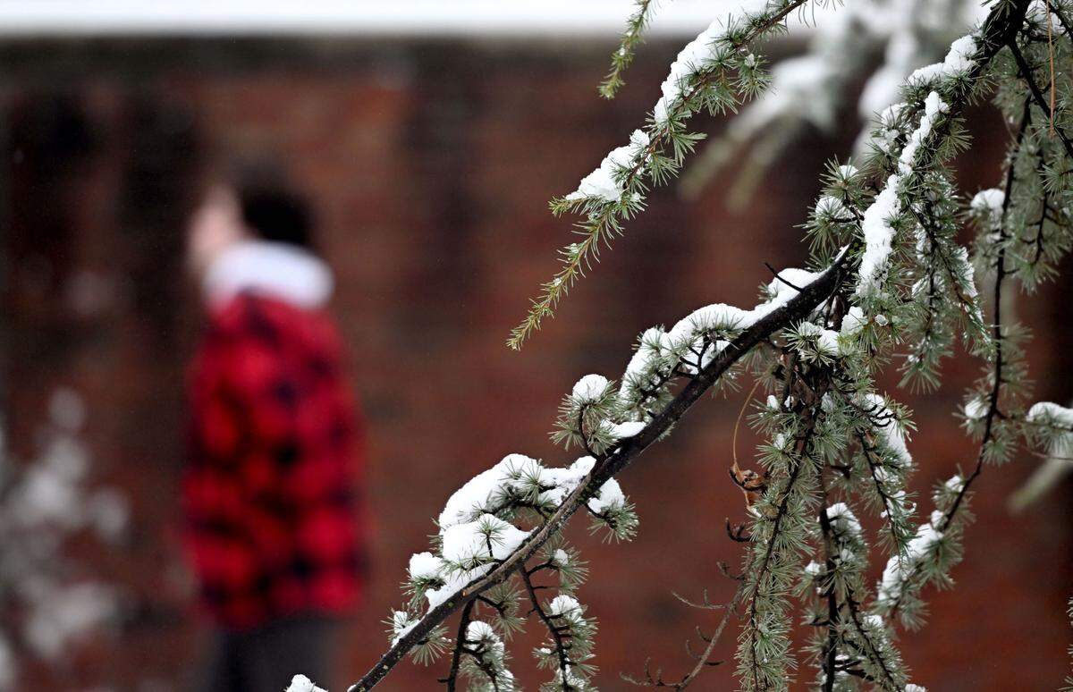 Students walk on the Penn State campus in the snow for the first day of finals on Monday, Dec. 16, 2024.  