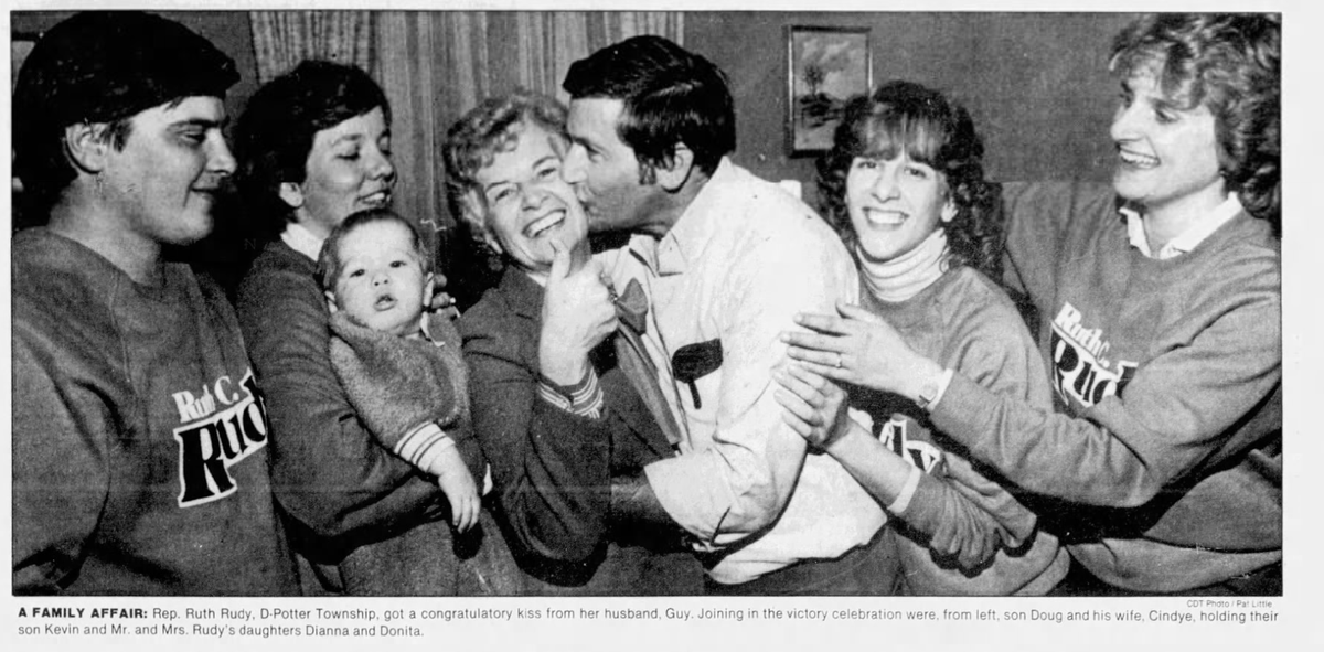 A photo from the Nov. 7, 1984 Centre Daily Times shows former state Rep. Ruth Rudy and her family celebrating her election win. Rudy served the 171st district in the Pennsylvania House of Representatives from 1982 through 1996. She died March 28, 2025.