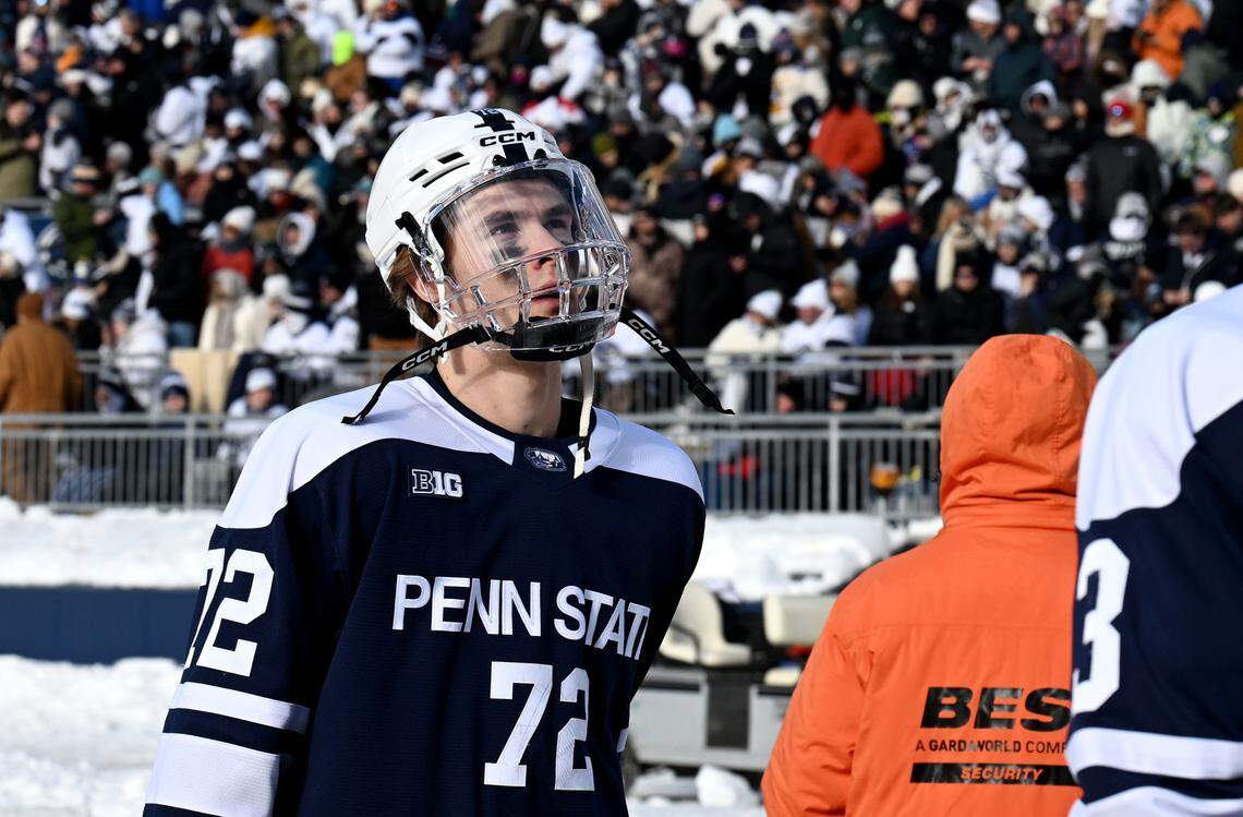 Penn State hockey forward Gavin McKenna walks off the ice after the second period of the game against Michigan State on Jan. 31, 2026 at Beaver Stadium.
