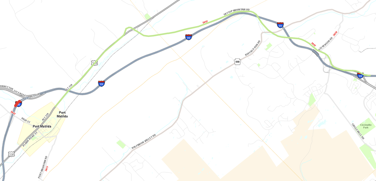 A map shows a detour that will be in place while the right lane of I-99 southbound near Exit 61/Port Matilda, the off-ramps at the exit, will be closed.