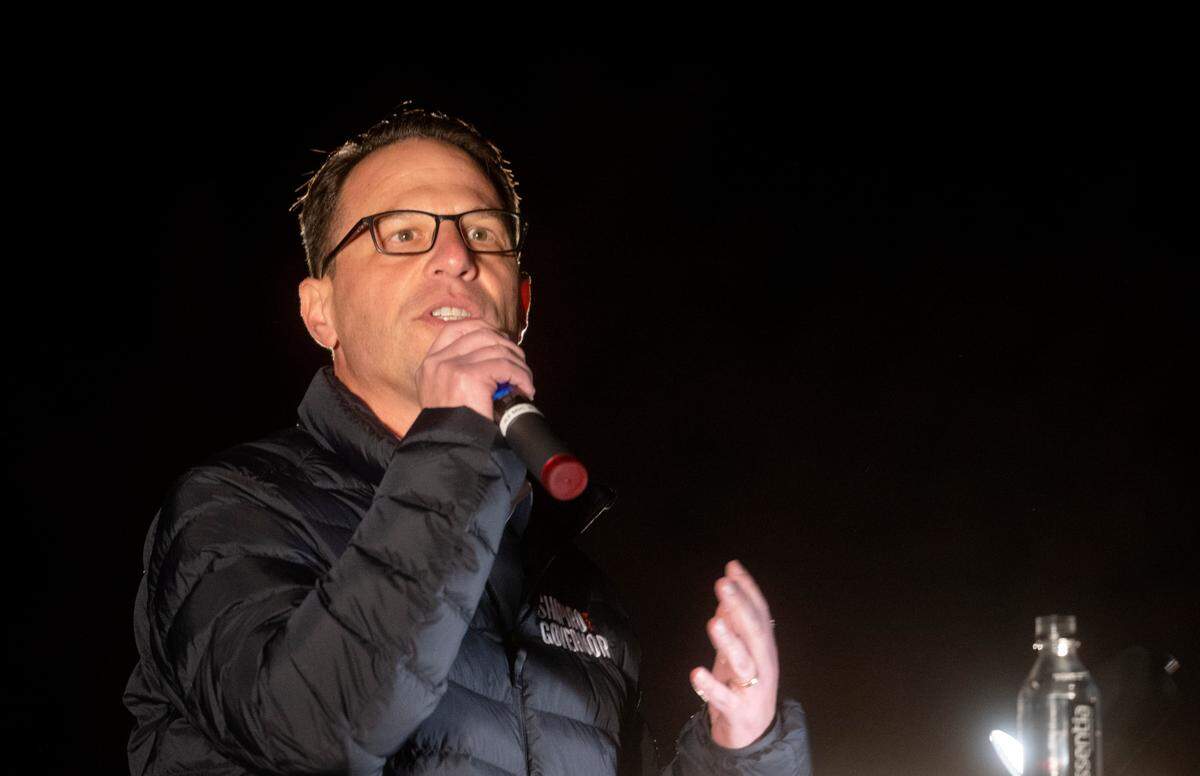 Democratic nominee for Pennsylvania governor Josh Shapiro speaks during a rally outside of Old Main on Wednesday, Nov. 2, 2022.