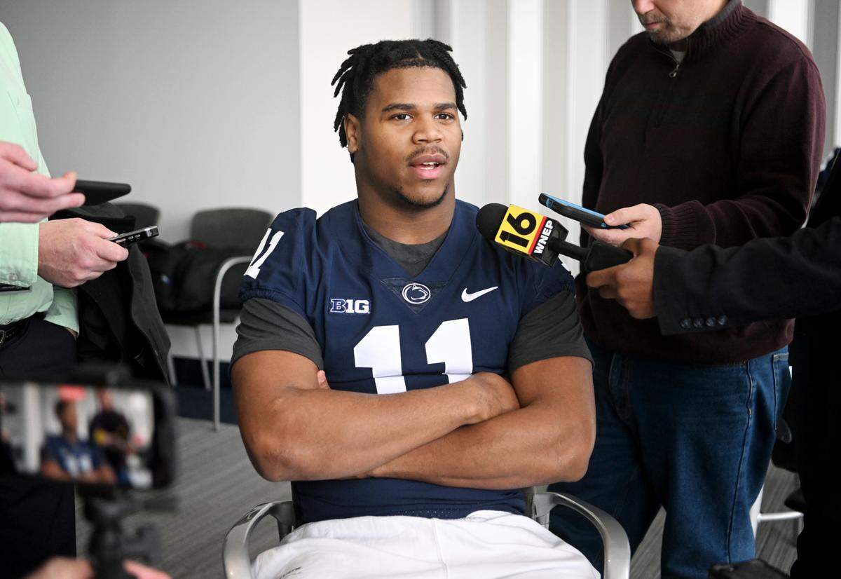 Penn State linebacker Abdul Carter talks to reporters during a media availability on Tuesday, Feb. 7, 2023.