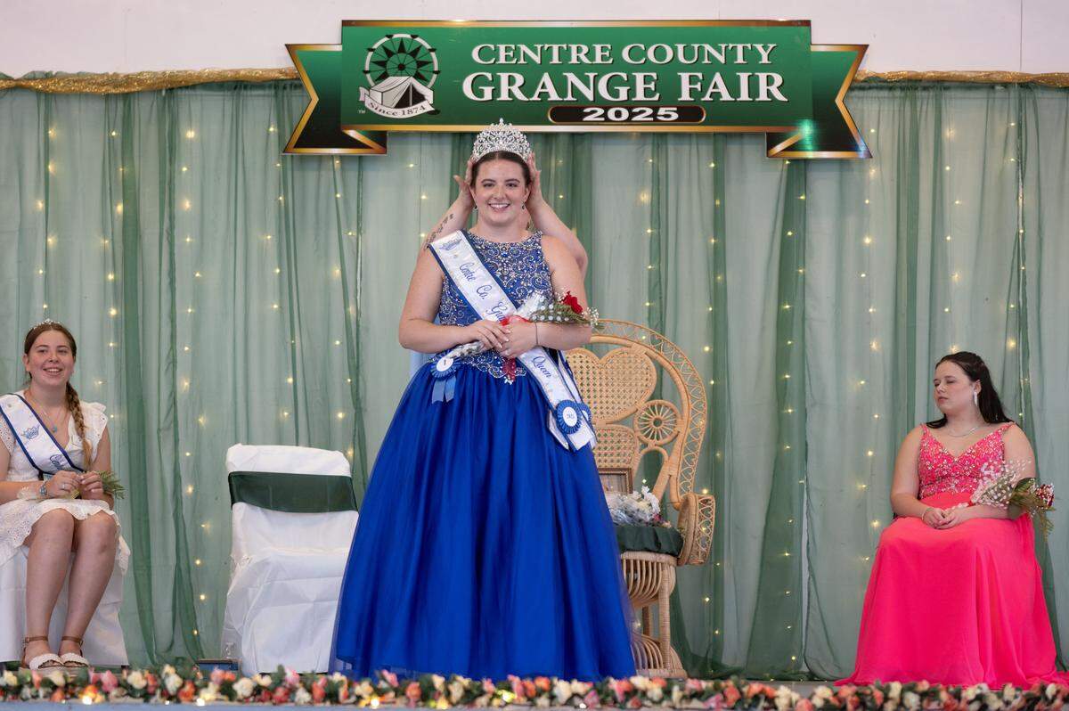 Grace Novosel is crowned the 2025 Centre County Grange Fair Queen by the 2024 queen Kryslynn Ronk on Wednesday, Aug. 13, 2025. 