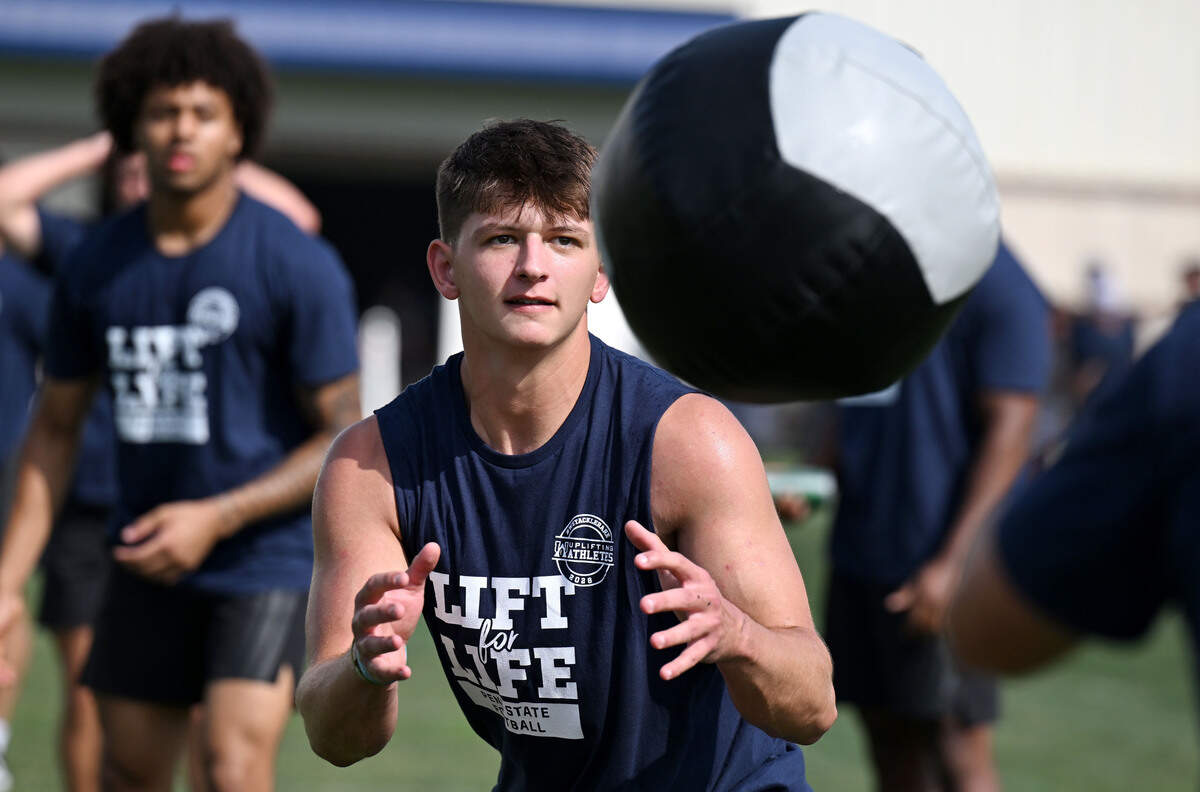 Penn State long snapper Blaise Sokach-Minnick completes in the weighted ball relay during Lift For Life on Wednesday, July 1, 2026.