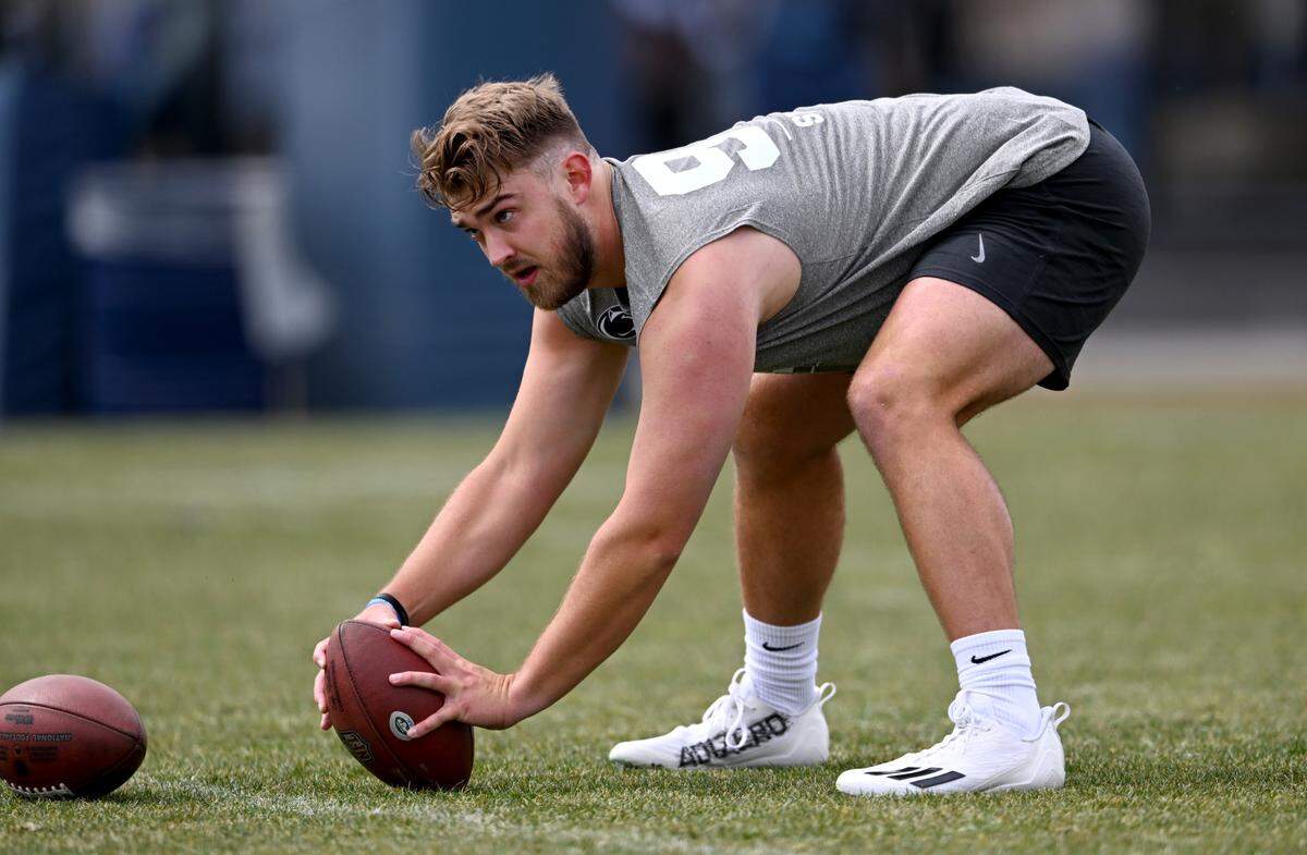 Long snapper Chris Stoll runs position drills for scouts during Penn State football’s Pro Day on Friday, March 24, 2023.
