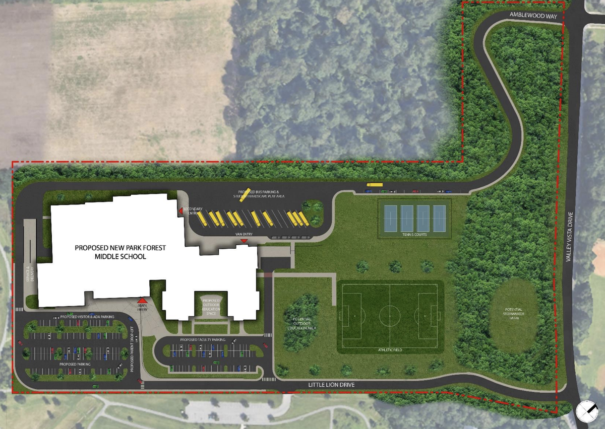 Project officials presented the latest site plan for the new Park Forest Middle School at Aug. 18’s board meeting.
