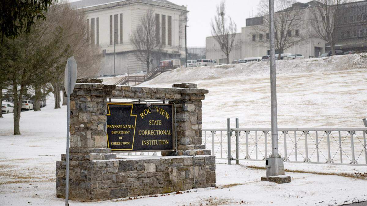 The sign for the Pennsylvania Department of Corrections’ Rockview state prison on Wednesday, Feb. 12, 2025.