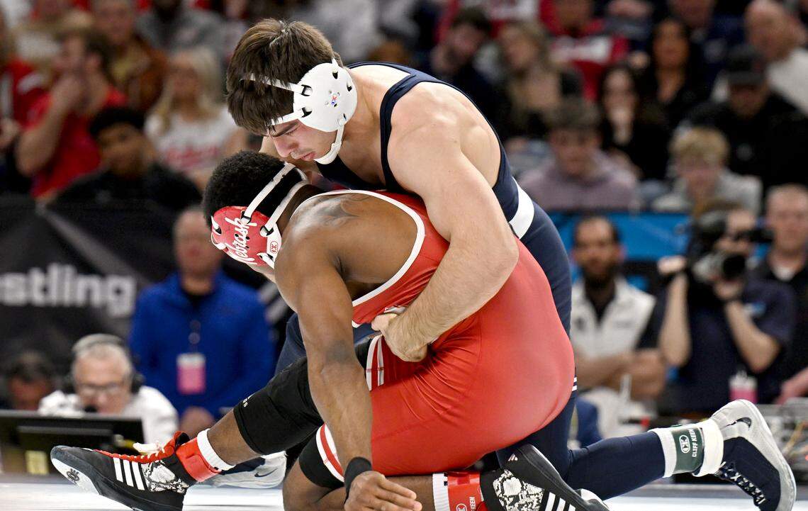 Penn State's PJ Duke control Nebraska’s Antrell Taylor in the 157-pound championship bout of the Big Ten Wrestling Championships on Sunday, March 8, 2026.  