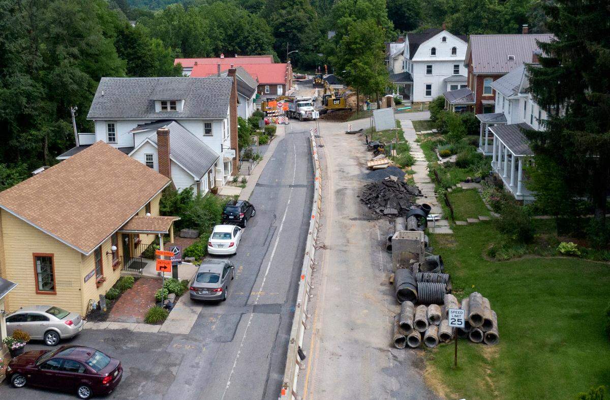 Pike Street in Lemont is one way as work continues on the traffic calming and accessibility project on Thursday, July 21, 2022. Shops including the Art Alliance of Central PA are accessible with the one way traffic.