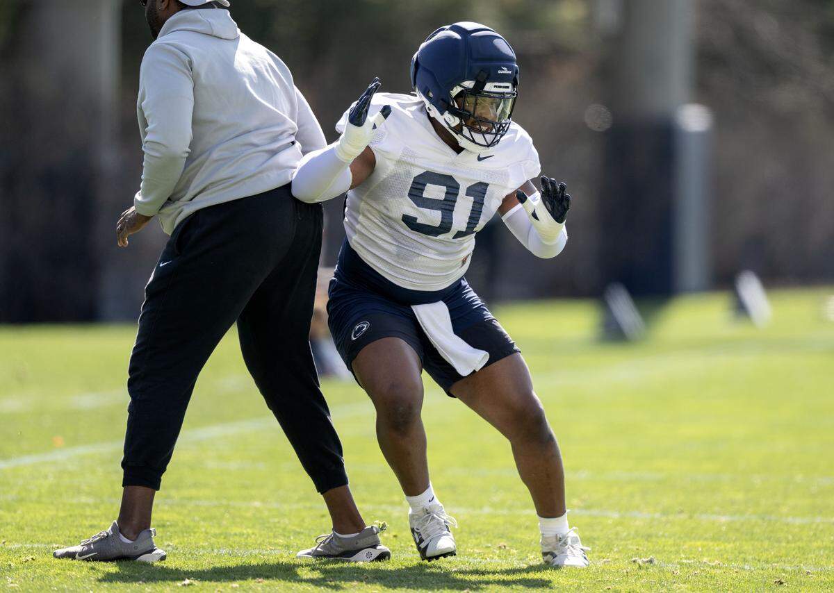 Penn State defensive tackle Armstrong Nnodim runs a drill during practice on Thursday, April 9, 2026.