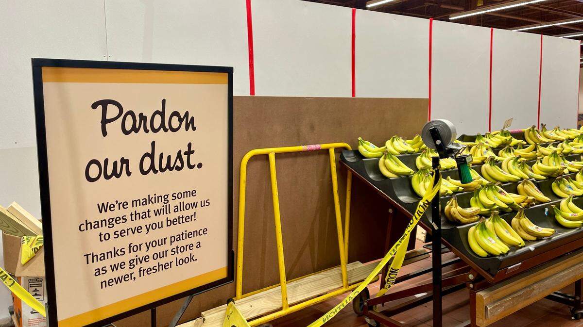 A sign informs customers of ongoing construction at the State College Wegmans in this July 28 photo. The construction walls were removed in mid-August as work continues on the store’s new-look cheese department.