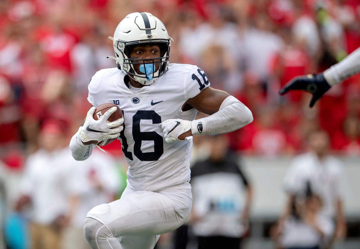 Penn State safety Ji’Ayir Brown intercepts the ball to end the game against Wisconsin for a Penn State win 16-10 on Saturday, Sept. 4, 2021 at Camp Randall Stadium.
