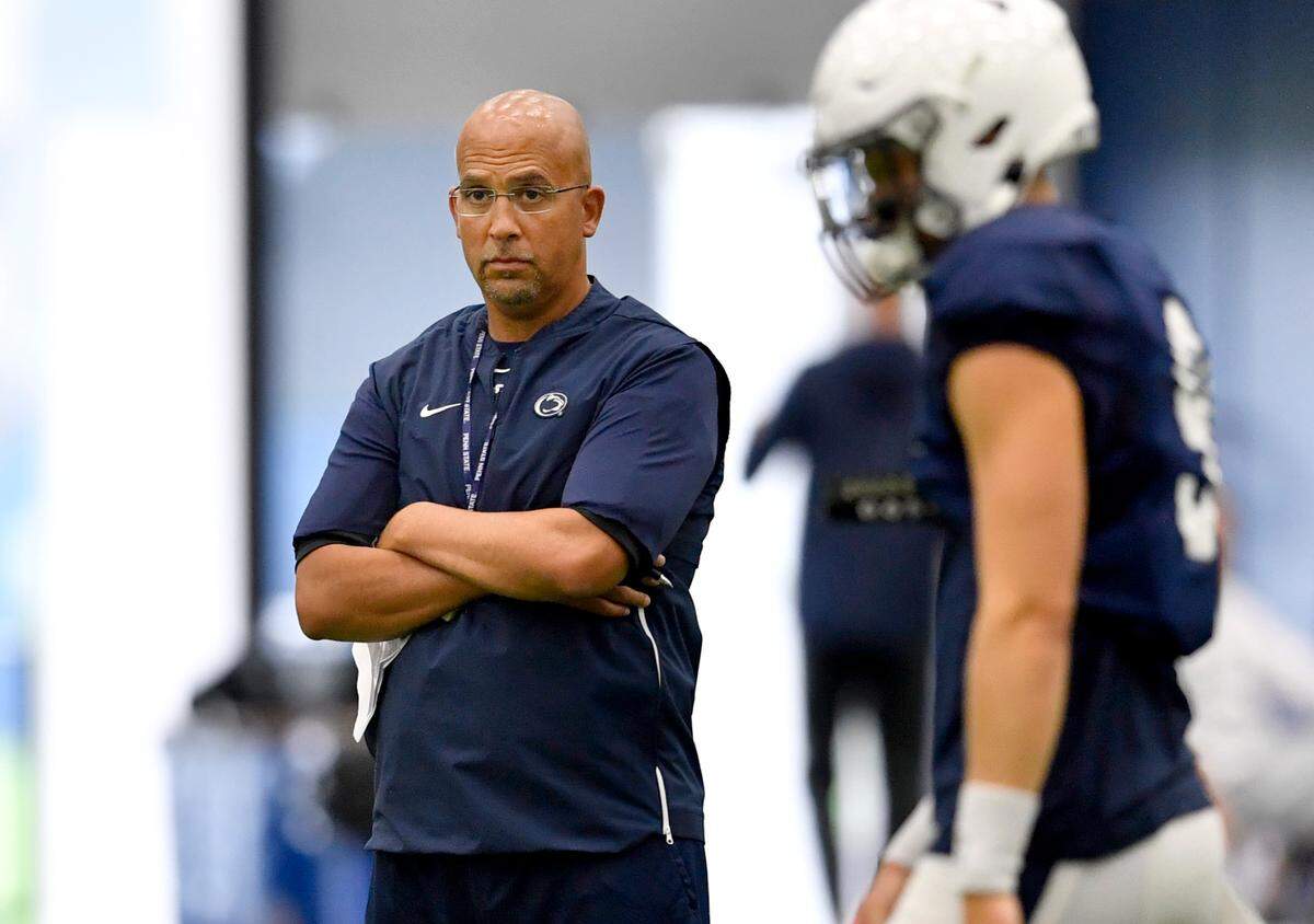 Penn State football coach James Franklin watches the quarterbacks during practice on Wednesday, Sept. 1, 2021 in Holuba Hall.