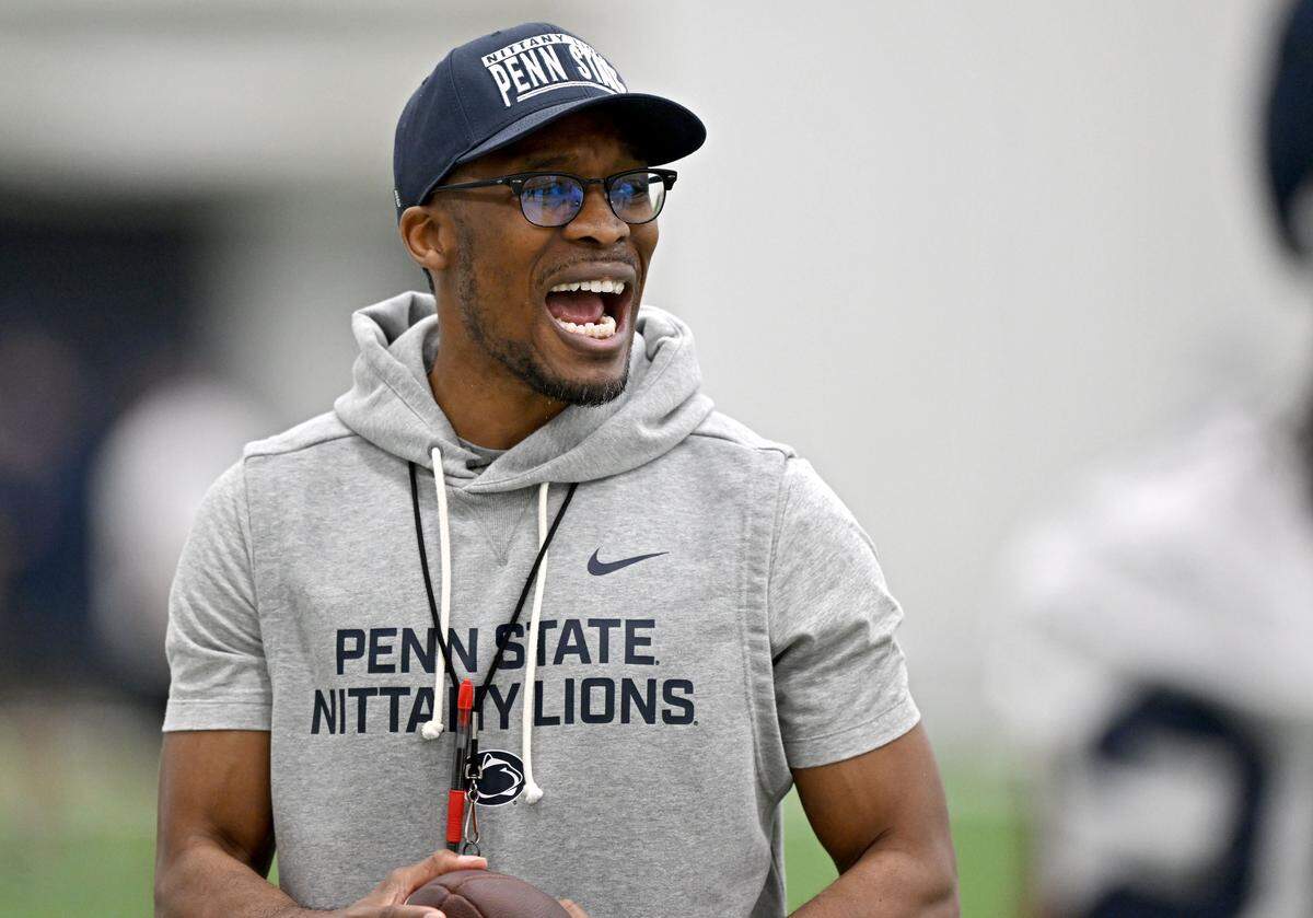 Penn State safeties coach Deon Broomfield yells to the players during spring practice on Thursday, March 26, 2026.  
