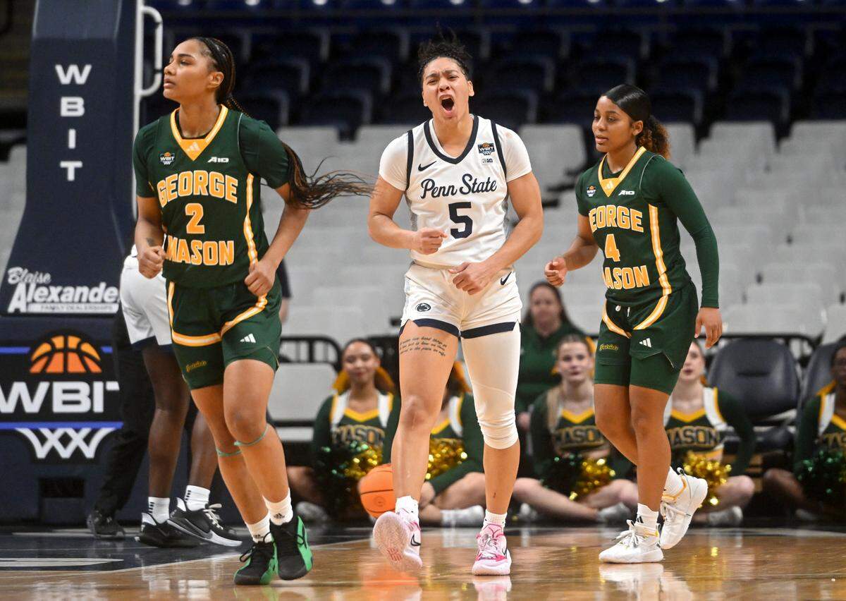 Penn State’s Leilani Kapinus celebrates a call during the first round game of the Women’s Basketball Invitational Tournament on Thursday, March 21, 2024.