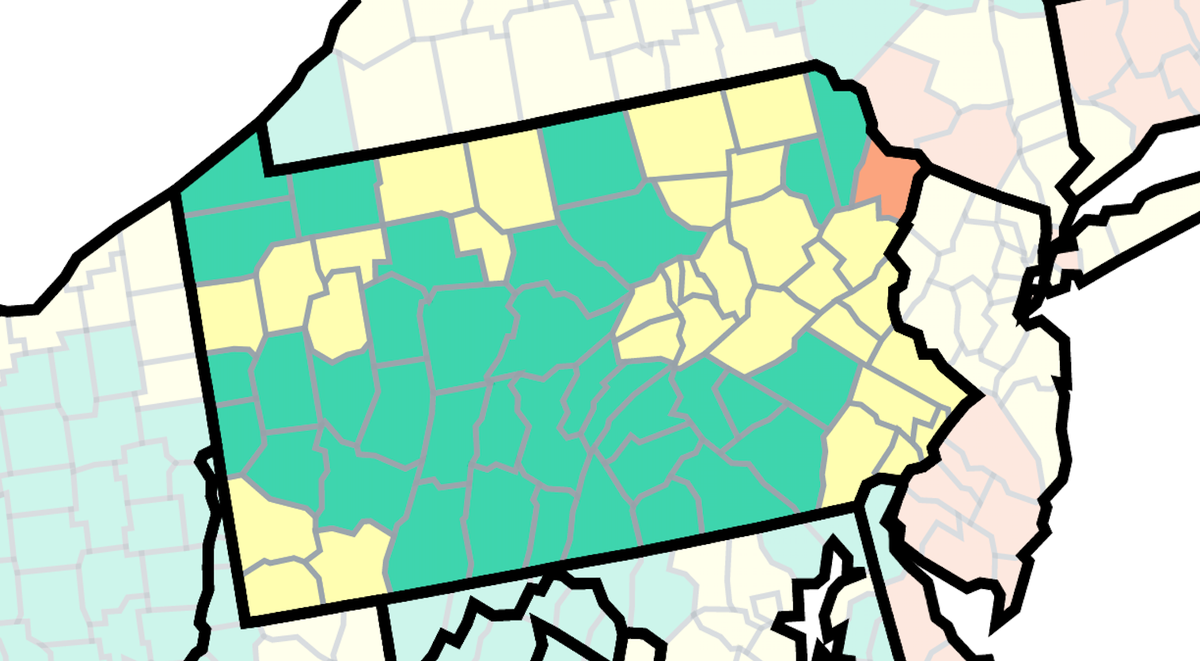 This map of Pennsylvania from the U.S. Centers for Disease Control and Prevention shows COVID-19 community levels by county as of Jan. 20, 2023. The orange are at high, yellow at medium and green at low.