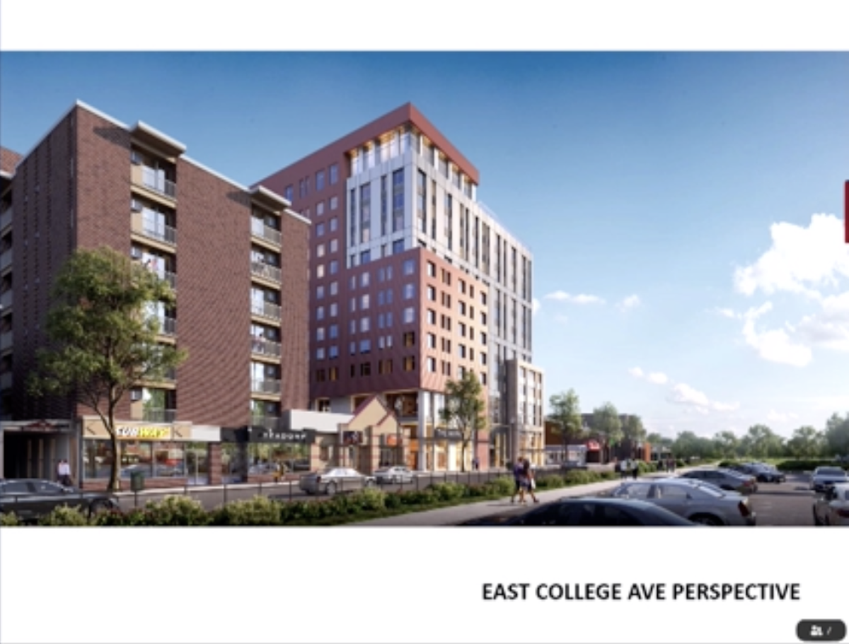 A rendering of the view of The Mark, a 12-story high-rise building planned for downtown State College.