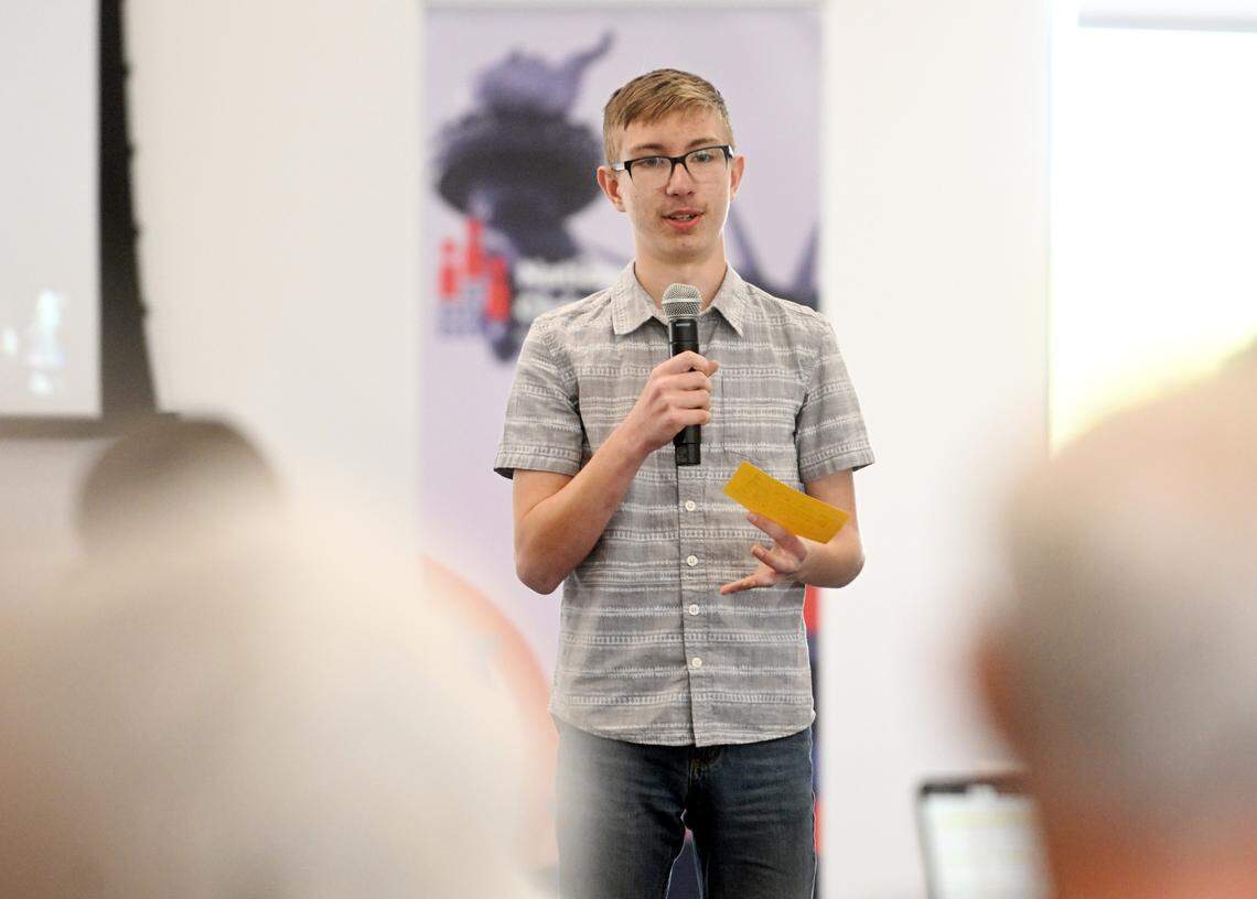 Sam Massung, an eighth grade student at Philipsburg-Osceola, answers questions from the judges during the final round of the Centre County’s 2023 National Civics Bee on Monday at the Eric J. Barron Innovation Hub.