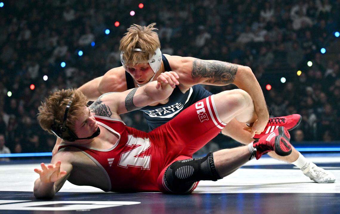 Penn State’s Josh Barr controls Nebraskas’s Camden McDanel in the 197 lb bout of the match on Friday, Jan. 30, 2026.
