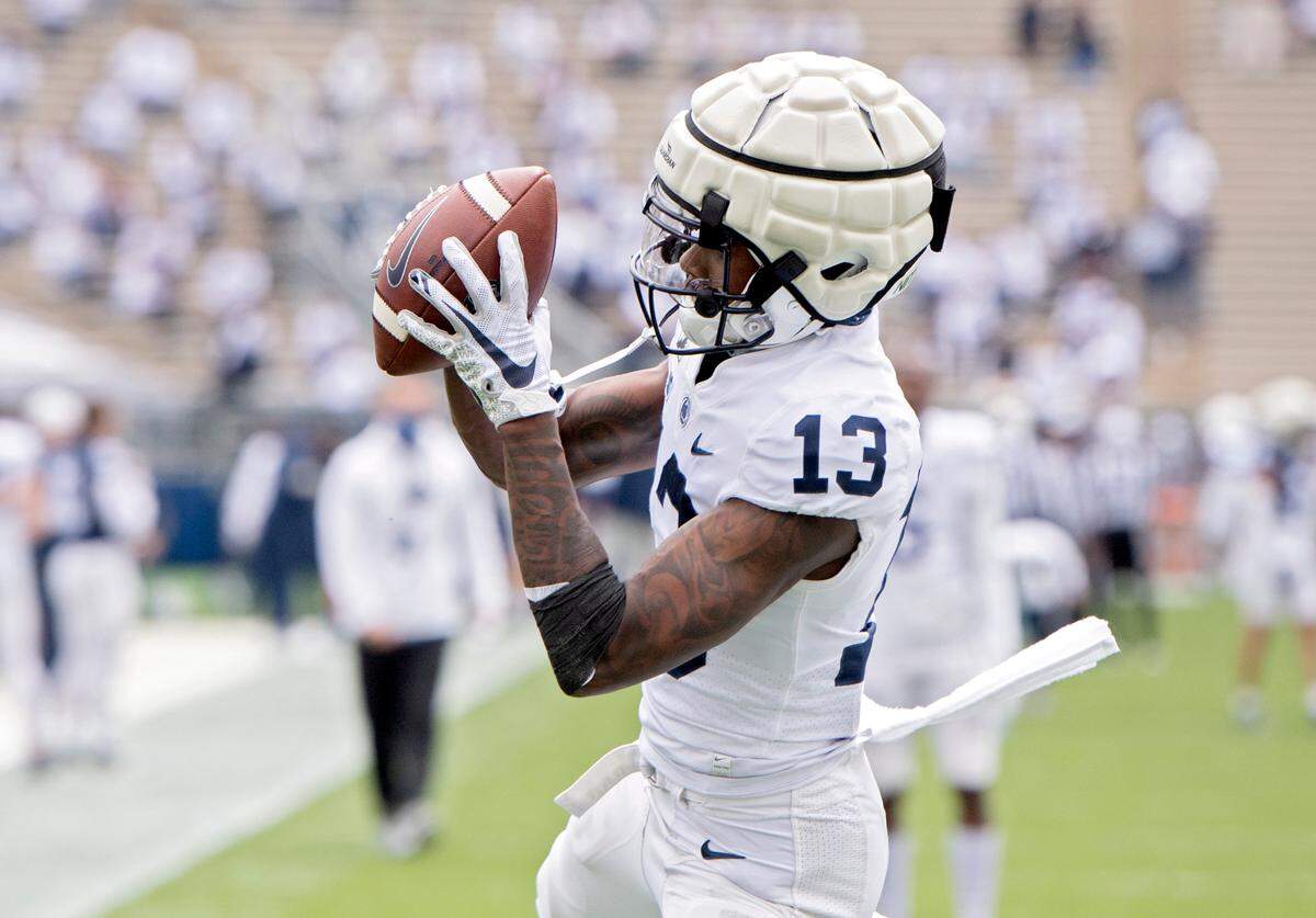 Penn State wide receiver KeAndre Lambert-Smith makes a catch during a drill at spring practice on Saturday, April 17, 2021 at Beaver Stadium.