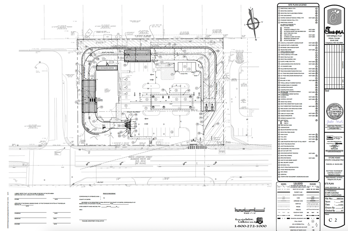 The site plan for Chick-fil-A on North Atherton Street, State College, includes adding a second drive-through lane and canopies.