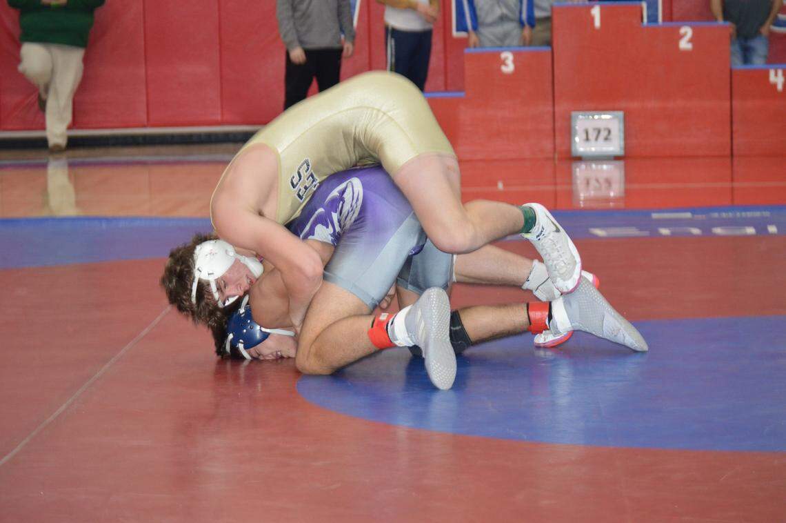 Bald Eagle Area’s Noah Foltz controls Mifflin County’s Trey Shoemaker in their 189-pound title match of the Ultimate Warrior Tournament on Saturday at West Branch High School in Allport. Shoemaker pinned Foltz in 4:50 to win the title.