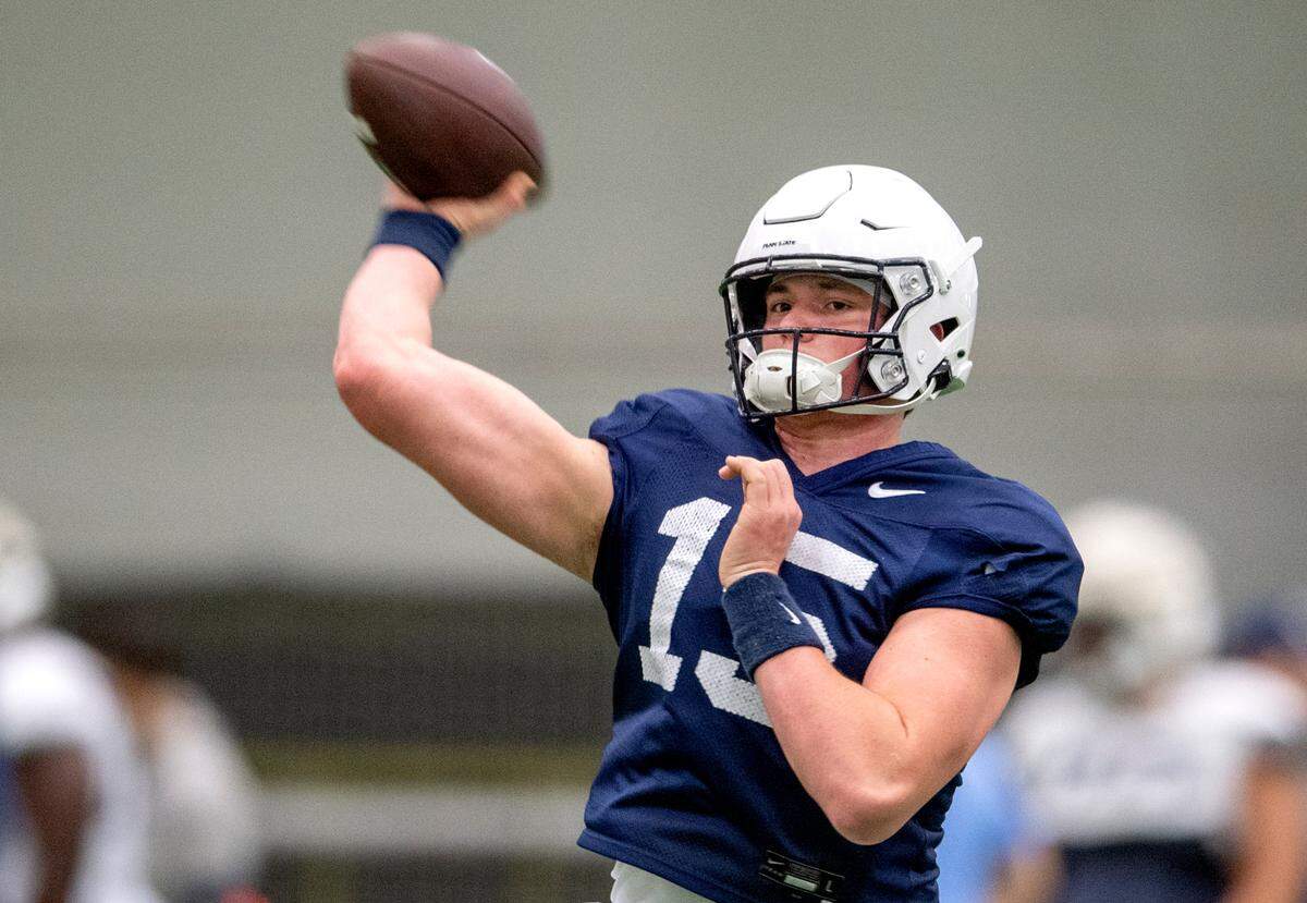 Penn State quarterback Drew Allar makes a pass during spring football practice on Wednesday, April 20, 2022.