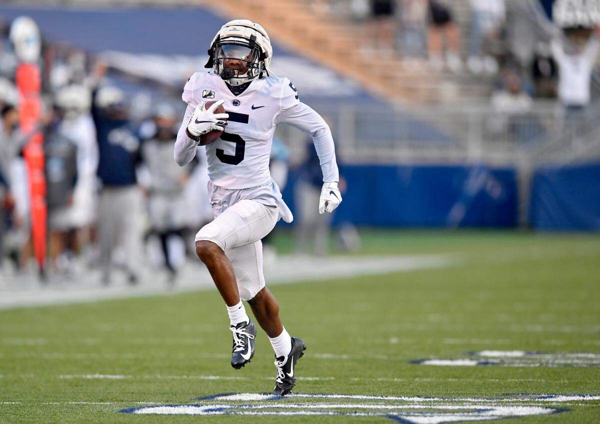 Wide receiver Jahan Dotson runs down the field for a touchdown during Penn State football practice on Friday, April 23, 2021 at Beaver Stadium.