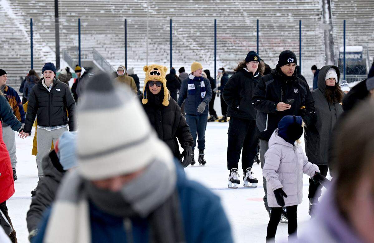 Penn State fans take part in the first public skate session on the ice at Beaver Stadium on Wednesday, Jan. 28, 2026.  