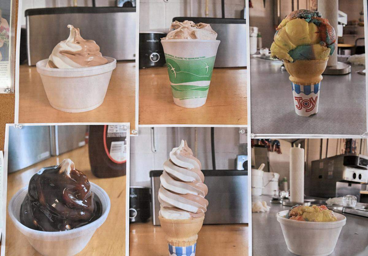 A bulletin board displays photos of ice cream offered at Sweet Dreams Ice Cream Shop in Snow Shoe on March 14, 2024.