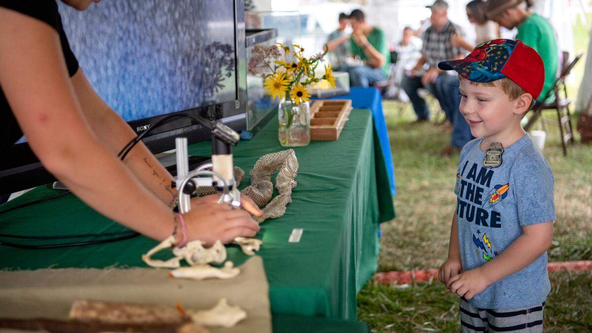 RJ Bankert looks at a snake skin through microscope at the Shavers Creek tent at Ag Progress Days on Aug. 10, 2021.