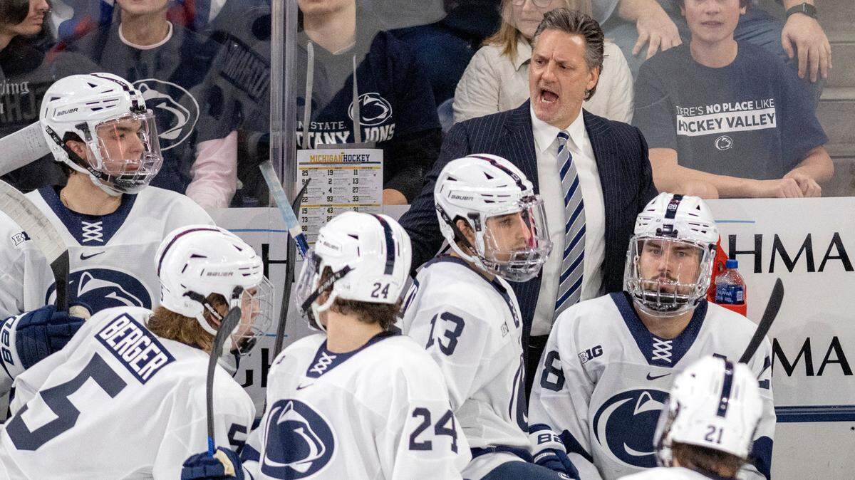 Penn State men’s hockey coach Guy Gadowsky yells to his players during the game against Michigan on Friday, Nov. 4, 2022 at Pegula Ice Arena.