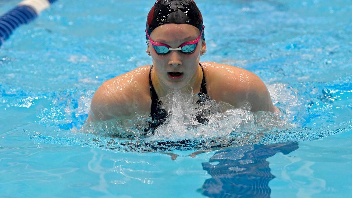 State College’s Jade Castro does the breaststroke in the girls AAA 200 yard IM during the District 6 swimming championships on Friday, Feb. 28, 2020.