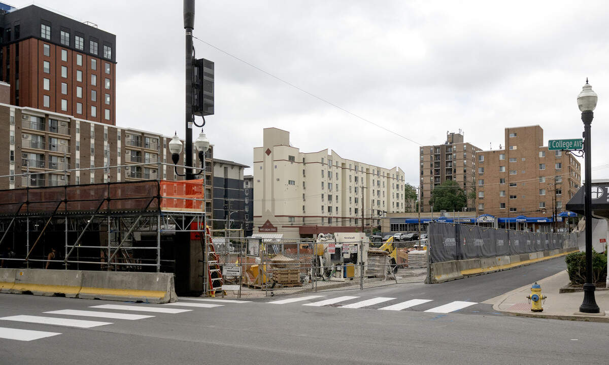 Construction of a new building on the corner of East College Avenue and Sowers Street in downtown State College on Wednesday, July 8, 2026.