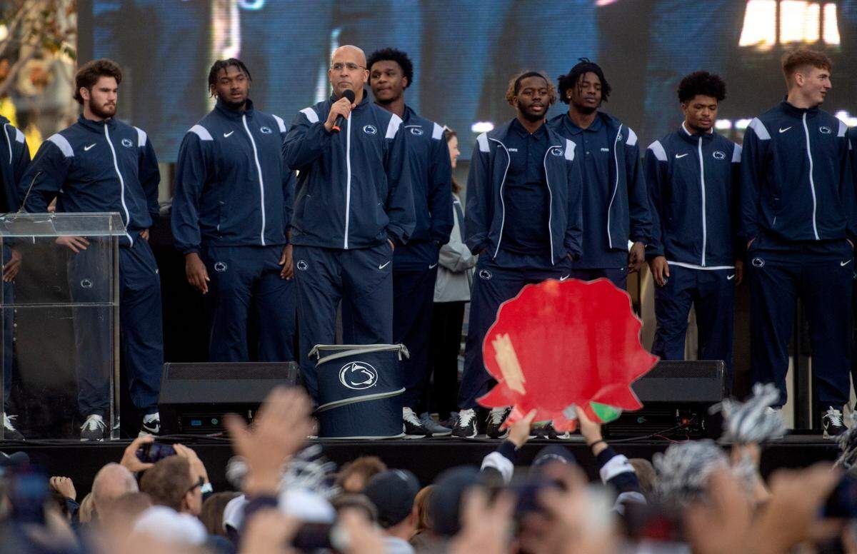 Penn State football coach James Franklin thanks the fans during the pep rally hosted by the Penn State Alumni Association on Sunday, Jan. 1, 2023.