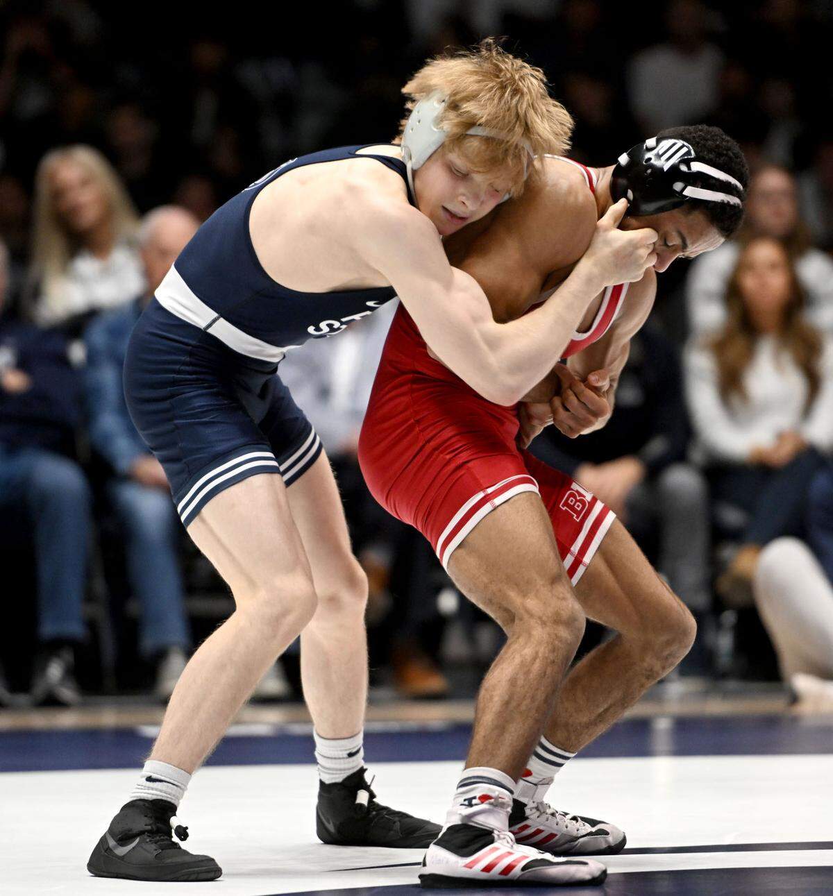 Penn State’s Braeden Davis controls Nebraska Caleb Smith in the 125 lb bout of the match on Sunday, Feb. 18, 2024 in Rec Hall.