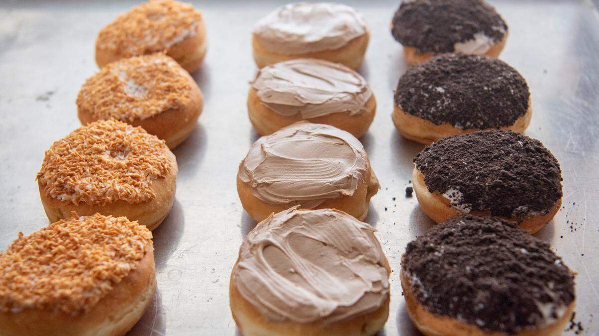 Coconut custard, coffee cream, and cookies-n-cream donuts were on display Monday at Mammy’s Donut Shop in Rebersburg.