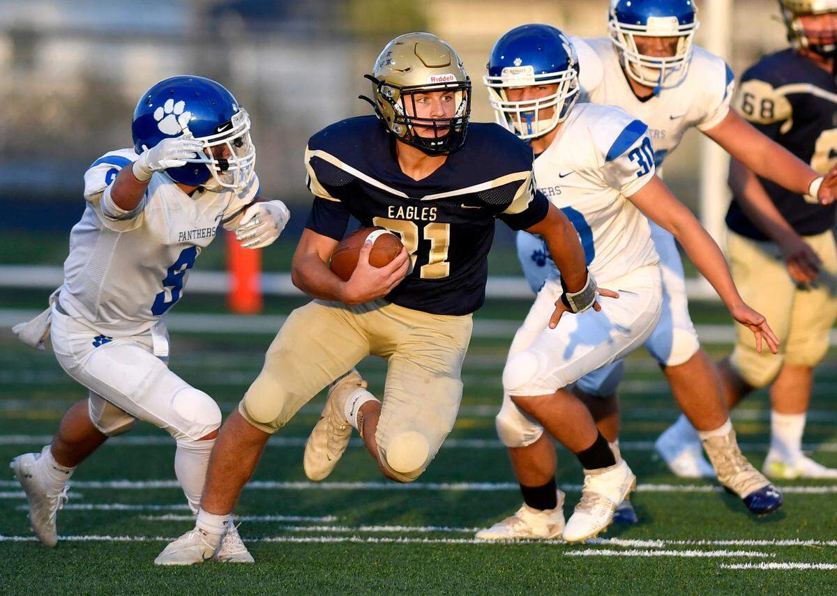 Bald Eagle Area’s Garrett Burns cuts down the field with the ball during the game against North Penn-Mansfield on Friday, Sept. 10, 2021. Bald Eagle Area won, 50-7.