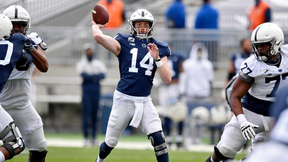 Penn State quarterback Sean Clifford makes a pass during spring practice on Saturday, April 17, 2021 at Beaver Stadium.