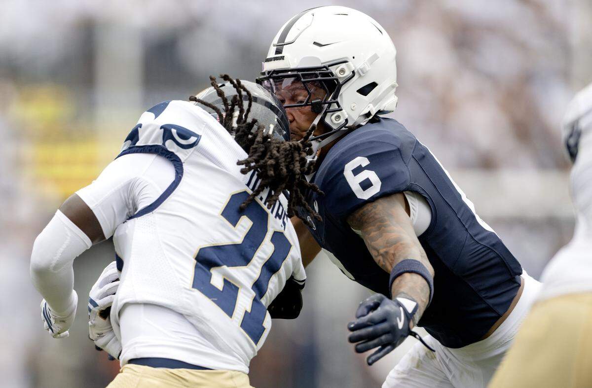 Penn State safety Zakee Wheatley stops FIU wide receiver Semaj Demps during the game on Saturday, Sept. 6, 2025 at Beaver Stadium.