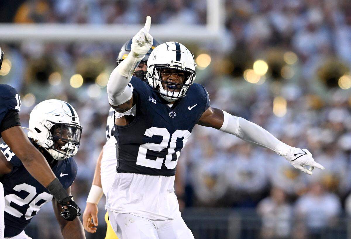Penn State defensive end Adisa Isaac celebrates a tackle during the game against West Virginia on Saturday, Sept. 2, 2023.