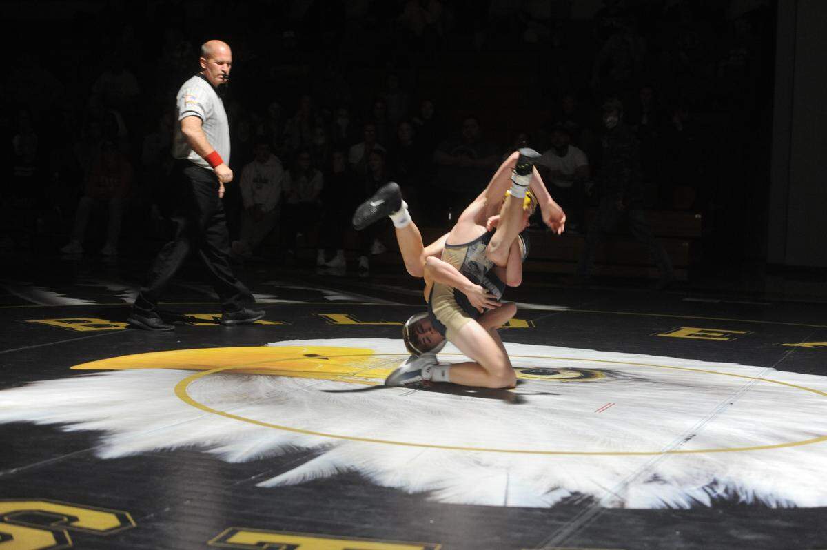 Philipsburg-Osecola’s Sam McDonald and Bald Eagle Area’s Gavin Guenot scramble for position in their 106-pound bout during the Mounties’ 47-15 loss on Thursday, Jan. 6, 2022. McDonald ended up having to injury default to Guenot in 2:57.