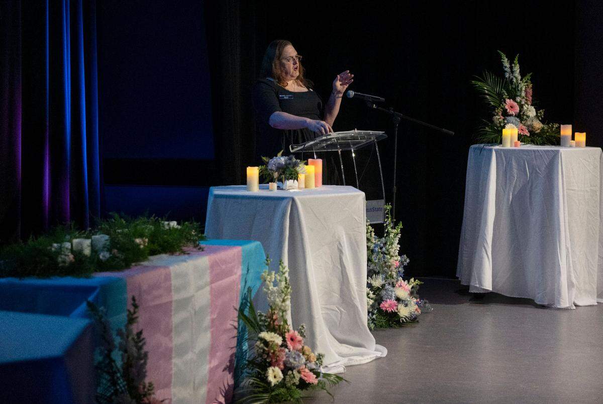 Penn State graduate student Sophie Kandler speaks during the Transgender Day of Remembrance Vigil in the HUB on Tuesday, Nov. 14, 2023.