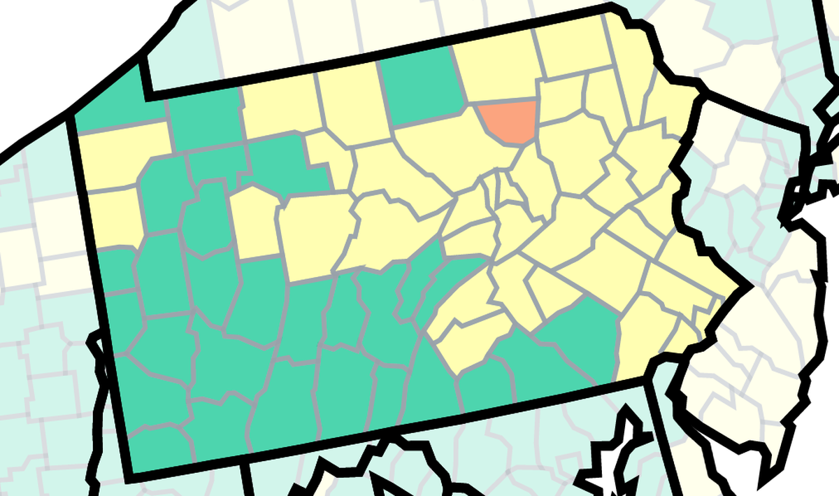 This map of Pennsylvania from the U.S. Centers for Disease Control and Prevention shows COVID-19 community levels by Pennsylvania county as of Feb. 24, 2023. The orange are at high, the yellow at medium and the green at low.