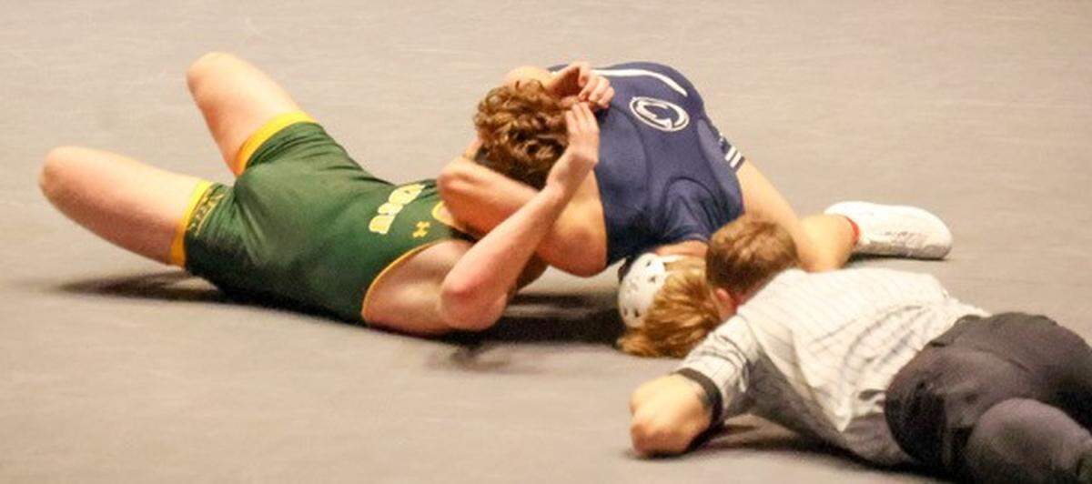Penn State’s Josh Barr scores nearfall points on North Dakota State’s Devin Wasley in their 197-pound bout of the Nittany Lions’ 46-0 win on Saturday in Nashville, Tenn. Barr, who made his season debut, earned a 19-3 technical fall on Wasley in 3:20.