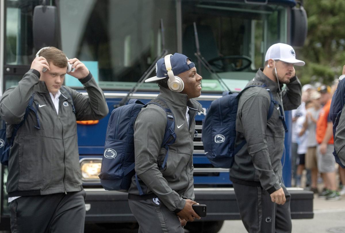 Penn State safety Lamont Wade listens to music as the team arrives for the season opener against Appalachian State at Beaver Stadium on Saturday, September 1, 2018.