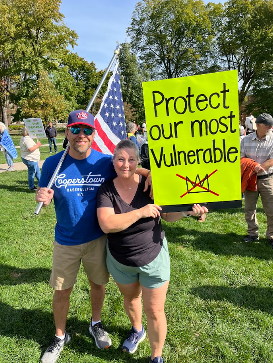 Bellefonte residents Andy and Suzanne Heckathorne at the No Kings protest Saturday, which was held in opposition of the actions taken by President Donald Trump and his administration. The event was one of more than 2,500 scheduled No Kings protests to take place across the country Saturday.